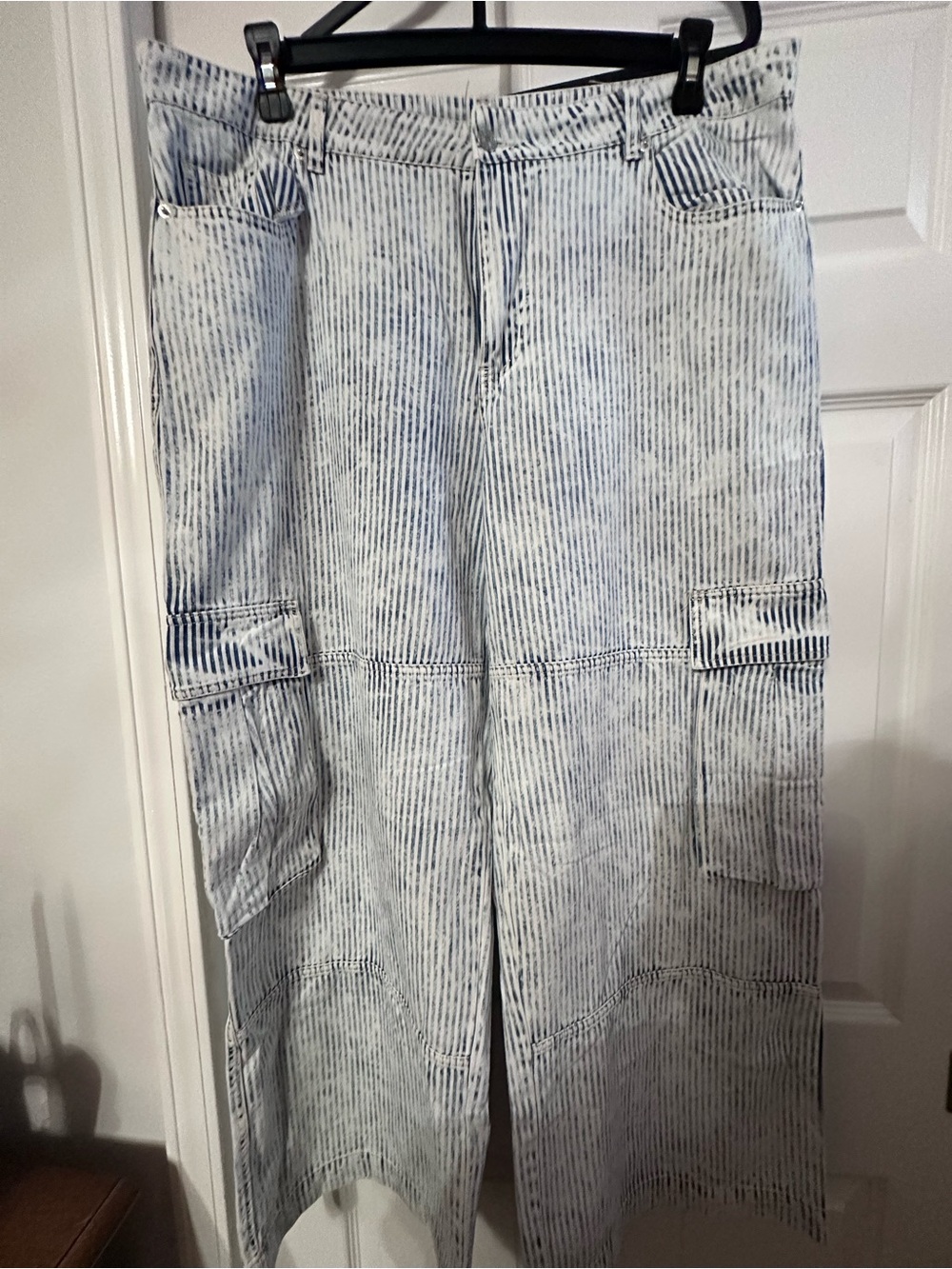 ARULA Blue and White Striped Wide-Leg Cargo Pants